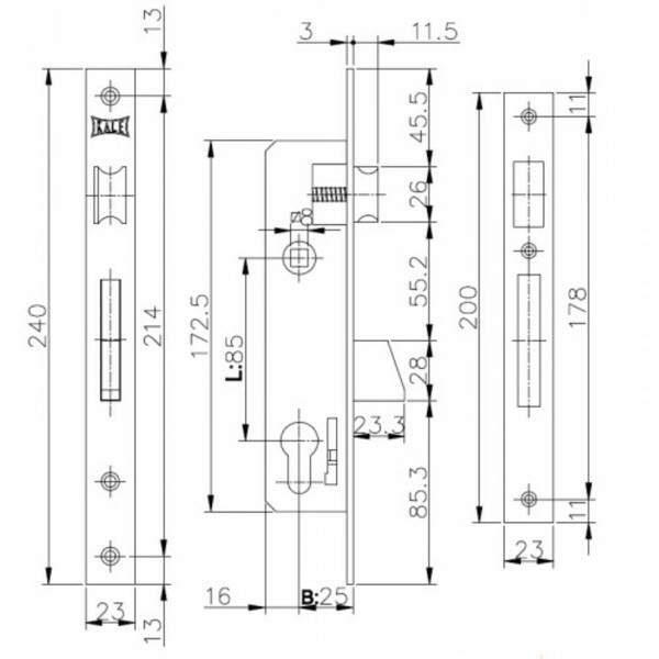 KALE Замок ALU (23 мм) 253U-25 защіпка B=25 мм викидний ригель